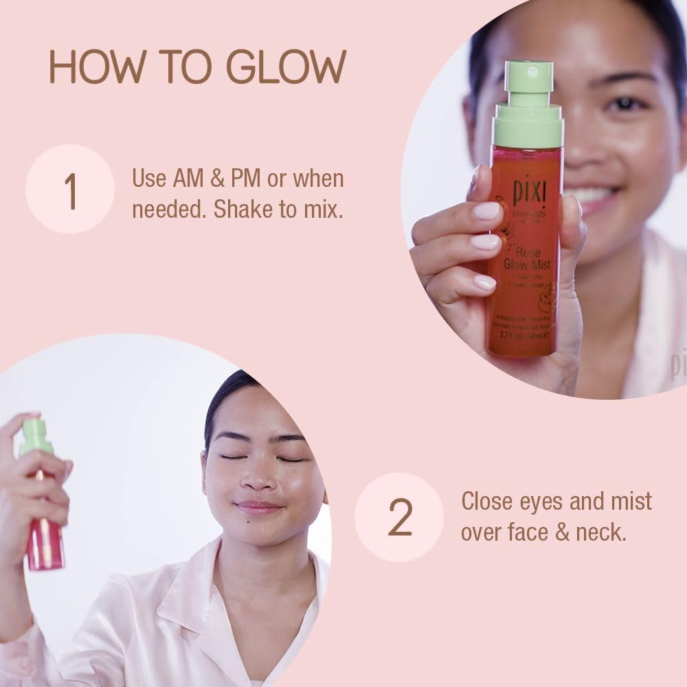 Pixi Beauty Rose Glow Mist | Hydrating Makeup Setting Spray with Rose Water & 21 Natural Oils | Luminous Dewy Finish | All-Day Hold | Refreshes & Sets Makeup | 2.70 Fl Oz