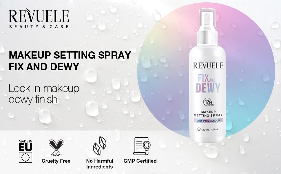 REVUELE Fix and Dewy Makeup Setting Spray – 2-in-1 Prime & Hold Mist with Hyaluronic Acid & Tara Gum, Long-Lasting Hydrating Finish 4 fl.oz