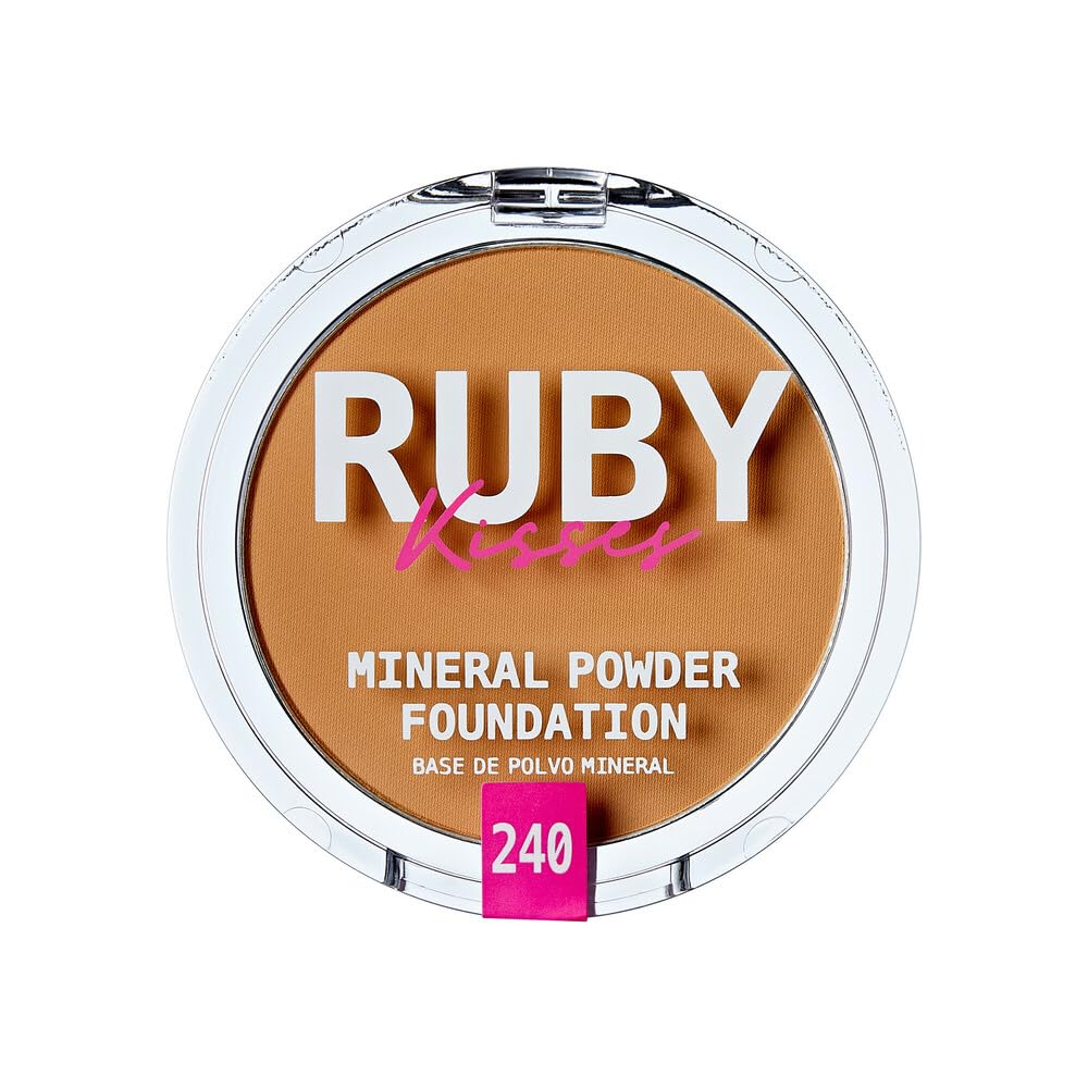 Ruby Kisses Mineral Pressed Powder Foundation, Medium to Full Coverage Natural Finish 0.35 Ounce (Cognac)