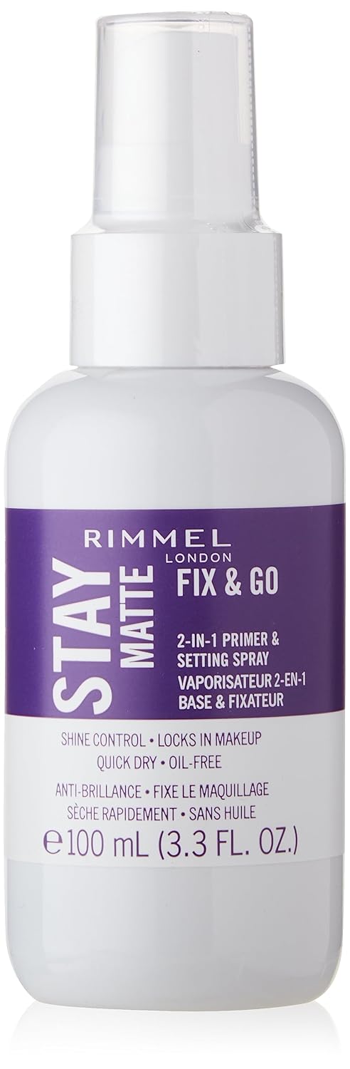 Rimmel London Stay Matte Fix & Go - 001 Transparent - 2-in-1 Primer & Setting Spray, Oil-Free, Locks Makeup into Place, Soothes Skin, 3.3 oz