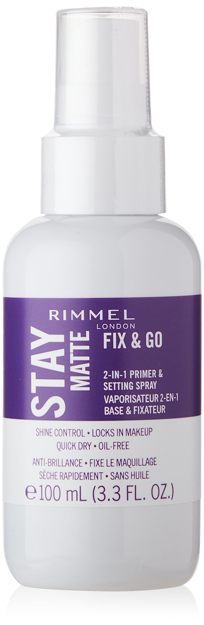 Rimmel London Stay Matte Fix & Go - 001 Transparent - 2-in-1 Primer & Setting Spray, Oil-Free, Locks Makeup into Place, Soothes Skin, 3.3 oz
