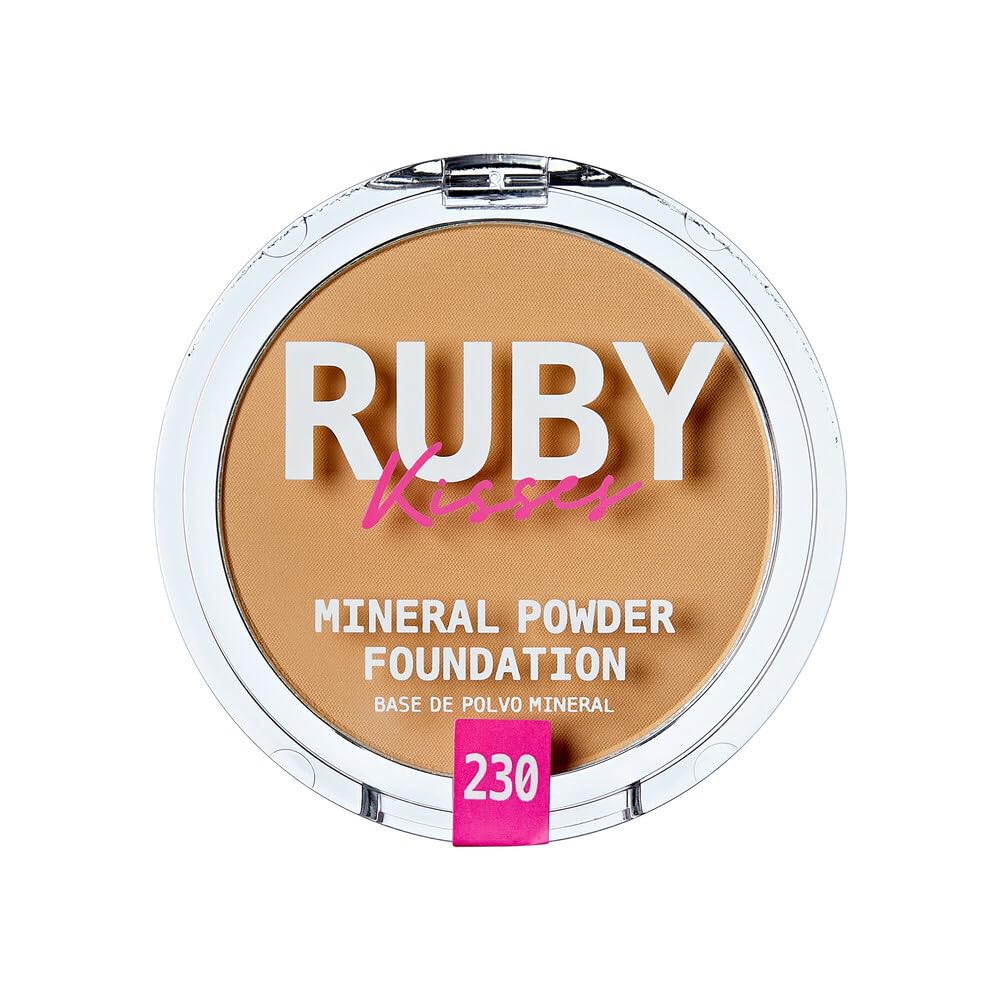 Ruby Kisses Mineral Pressed Powder Foundation, Medium to Full Coverage Natural Finish 0.35 Ounce (Cognac)