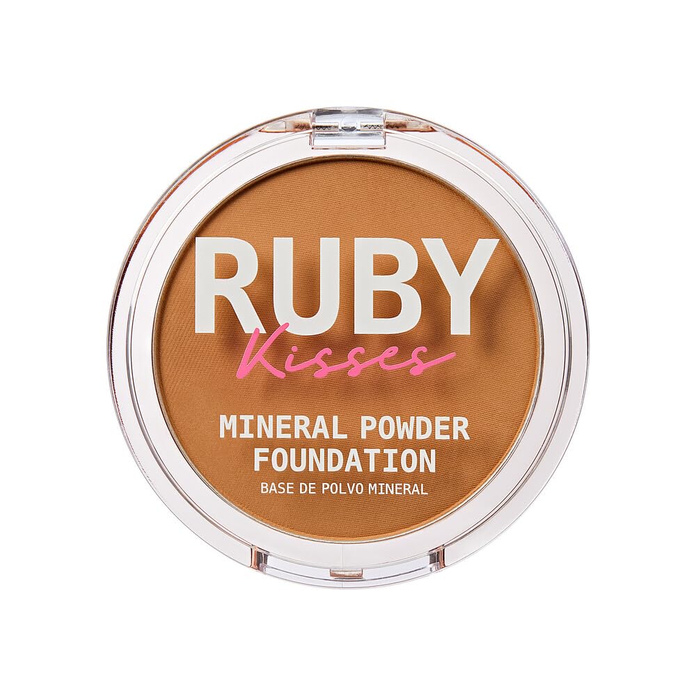 Ruby Kisses Mineral Pressed Powder Foundation, Medium to Full Coverage Natural Finish 0.35 Ounce (Cognac)