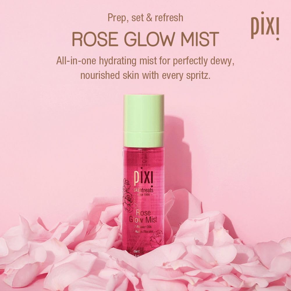 Pixi Beauty Rose Glow Mist | Hydrating Makeup Setting Spray with Rose Water & 21 Natural Oils | Luminous Dewy Finish | All-Day Hold | Refreshes & Sets Makeup | 2.70 Fl Oz
