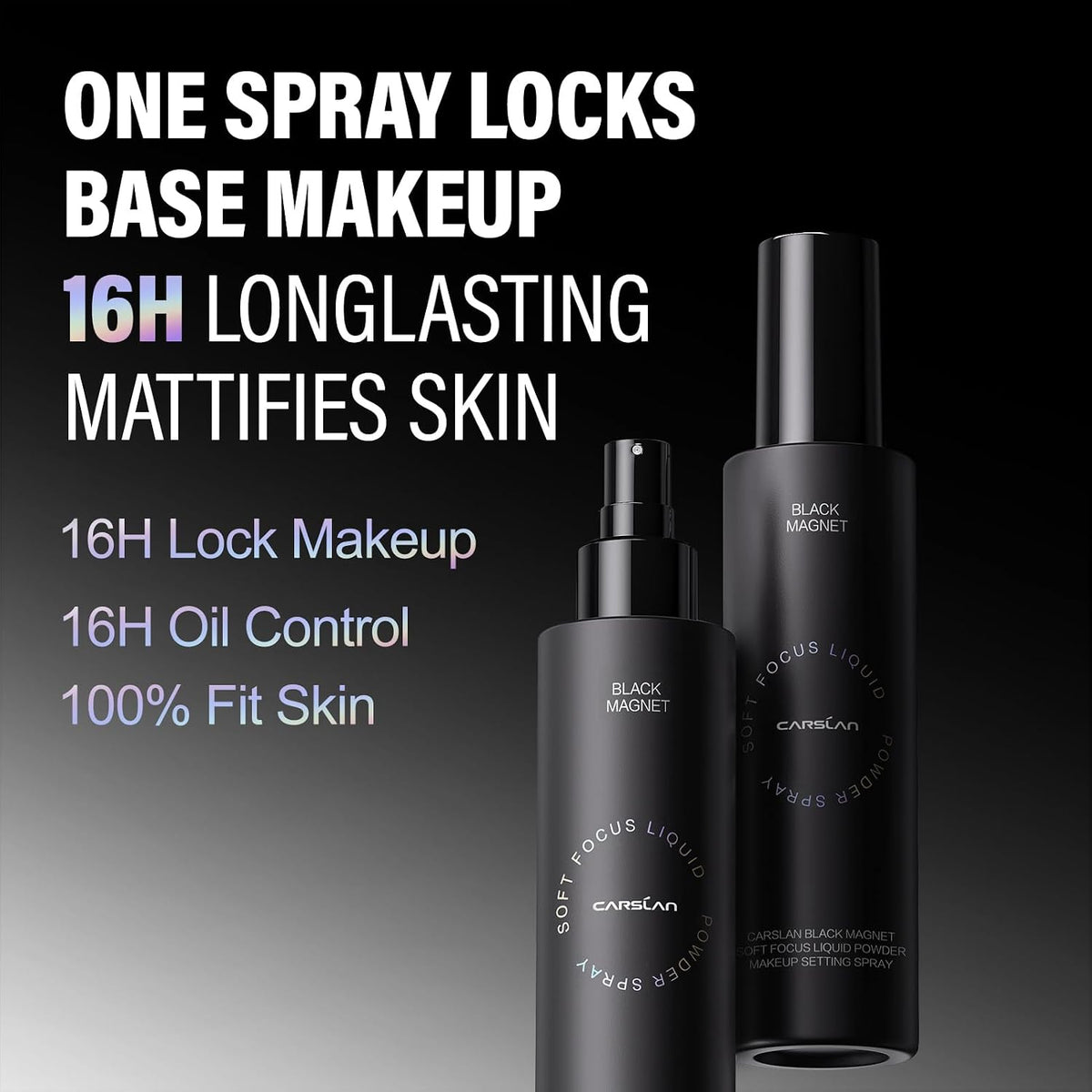 CARSLAN Black Magnet Liquid Powder Makeup Setting Spray, 16H Longlasting Oil Control Lock Face Makeup, Smudgeproof, Waterproof Finishing Spray, 100ml/3.4 Fl Oz
