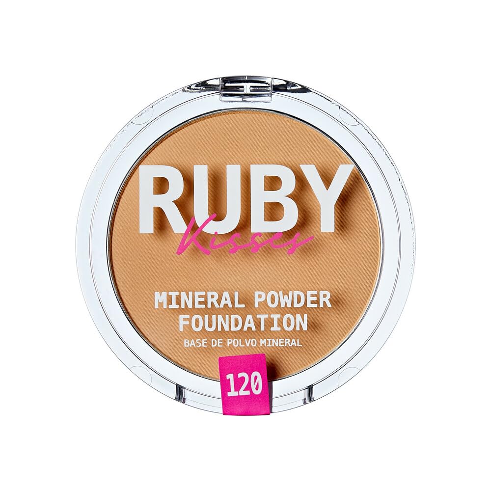 Ruby Kisses Mineral Pressed Powder Foundation, Medium to Full Coverage Natural Finish 0.35 Ounce (Cognac)
