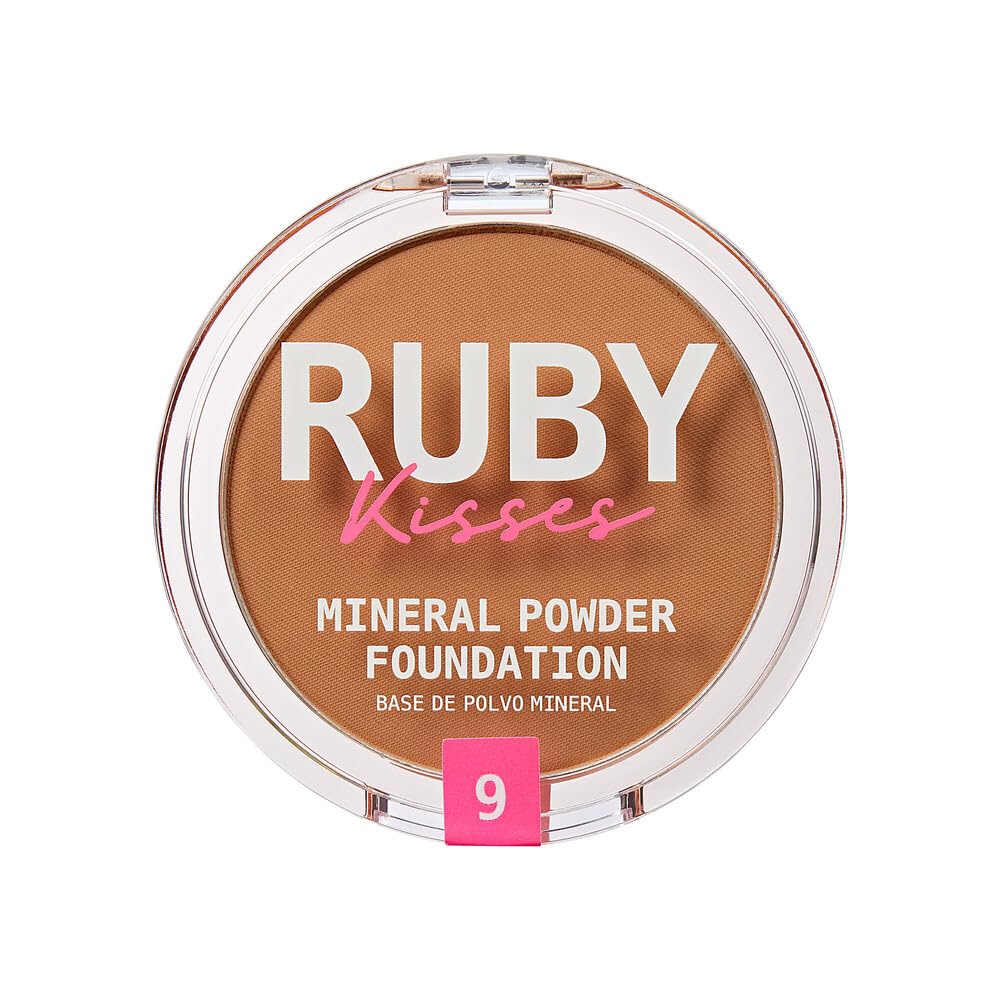 Ruby Kisses Mineral Pressed Powder Foundation, Medium to Full Coverage Natural Finish 0.35 Ounce (Cognac)