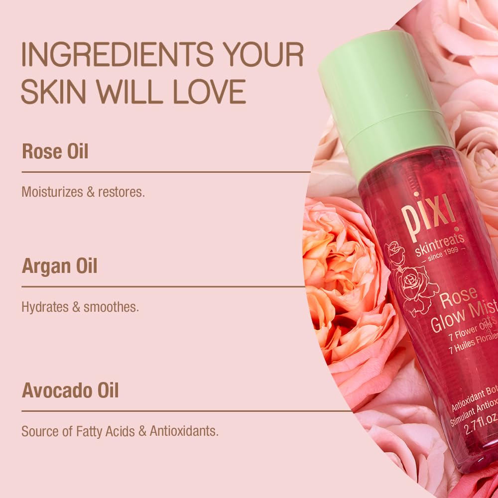 Pixi Beauty Rose Glow Mist | Hydrating Makeup Setting Spray with Rose Water & 21 Natural Oils | Luminous Dewy Finish | All-Day Hold | Refreshes & Sets Makeup | 2.70 Fl Oz