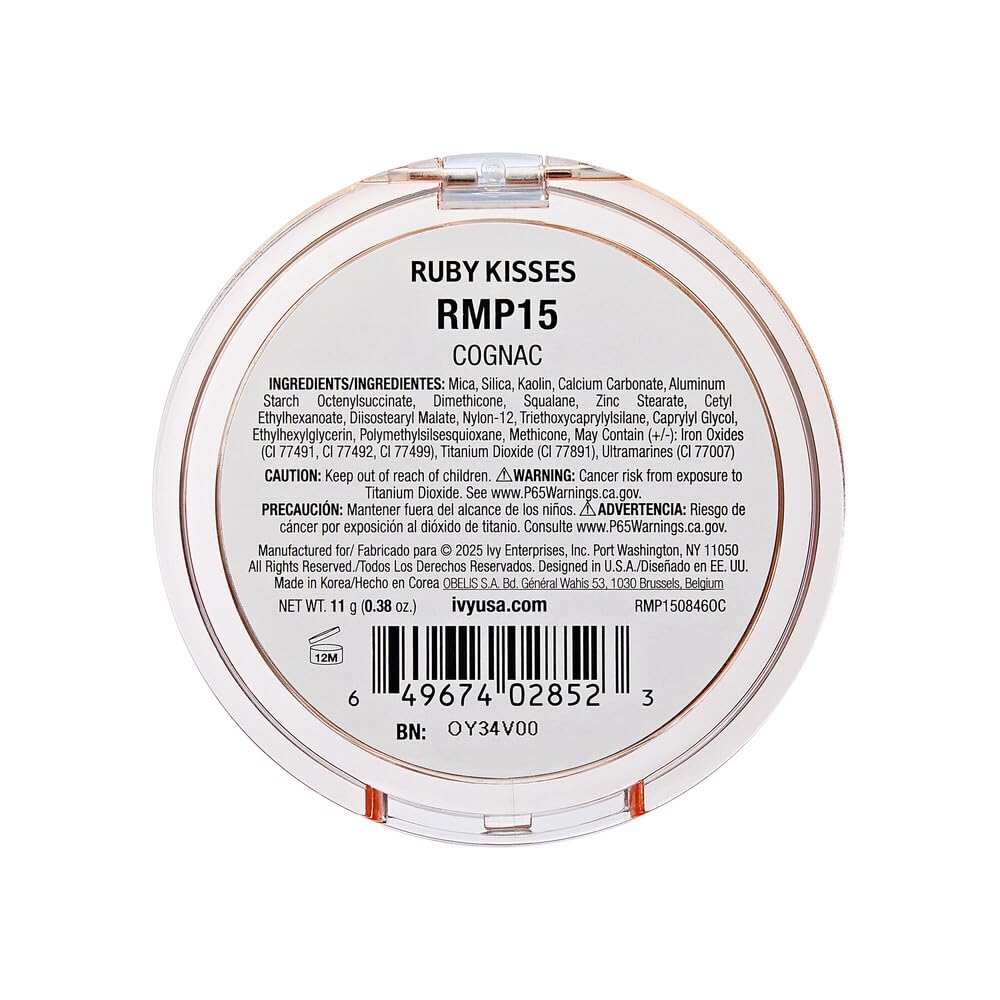 Ruby Kisses Mineral Pressed Powder Foundation, Medium to Full Coverage Natural Finish 0.35 Ounce (Cognac)