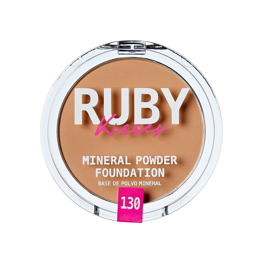 Ruby Kisses Mineral Pressed Powder Foundation, Medium to Full Coverage Natural Finish 0.35 Ounce (Cognac)
