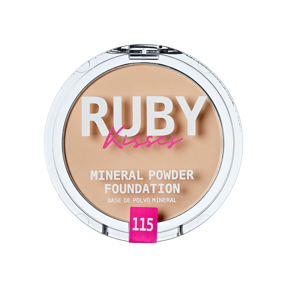 Ruby Kisses Mineral Pressed Powder Foundation, Medium to Full Coverage Natural Finish 0.35 Ounce (Cognac)