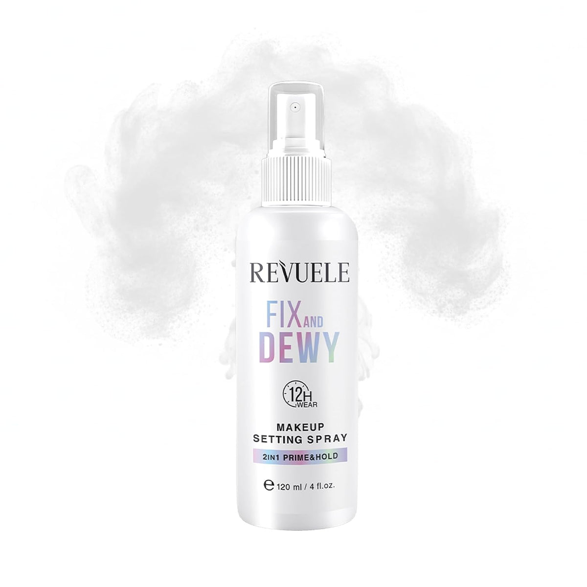 REVUELE Fix and Dewy Makeup Setting Spray – 2-in-1 Prime & Hold Mist with Hyaluronic Acid & Tara Gum, Long-Lasting Hydrating Finish 4 fl.oz