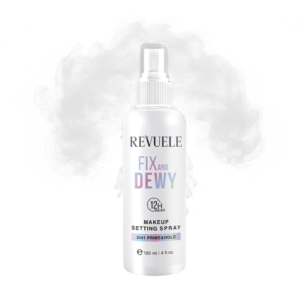 REVUELE Fix and Dewy Makeup Setting Spray – 2-in-1 Prime & Hold Mist with Hyaluronic Acid & Tara Gum, Long-Lasting Hydrating Finish 4 fl.oz