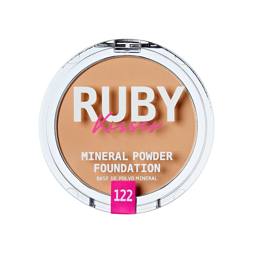Ruby Kisses Mineral Pressed Powder Foundation, Medium to Full Coverage Natural Finish 0.35 Ounce (Cognac)