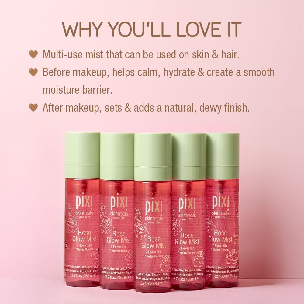 Pixi Beauty Rose Glow Mist | Hydrating Makeup Setting Spray with Rose Water & 21 Natural Oils | Luminous Dewy Finish | All-Day Hold | Refreshes & Sets Makeup | 2.70 Fl Oz