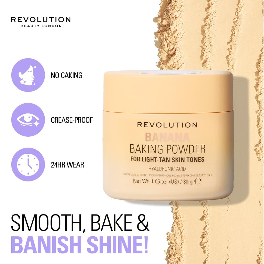Revolution Beauty, Loose Baking Powder, Makeup Setting Powder, Long Lasting Coverage, Mattifies & Reduces Shine, Banana, 1.12 Oz