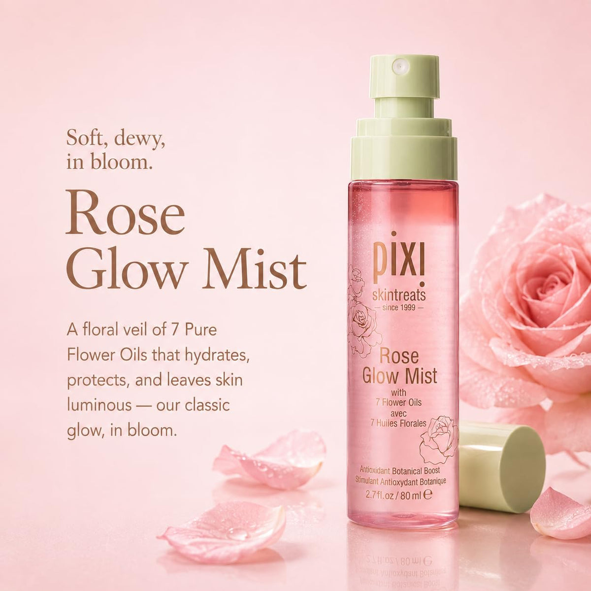 Pixi Beauty Rose Glow Mist | Hydrating Makeup Setting Spray with Rose Water & 21 Natural Oils | Luminous Dewy Finish | All-Day Hold | Refreshes & Sets Makeup | 2.70 Fl Oz