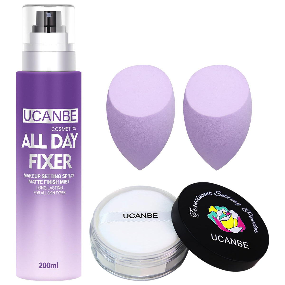 UCANBEMAKEUP Long Lasting Makeup Setting Spray Kit- 6.76 Fl oz Hydrating Matte Finish Mist Lightweight Face Make up Fixer +Travel Size Spray Bottle+Sponge Puff Makeup Set