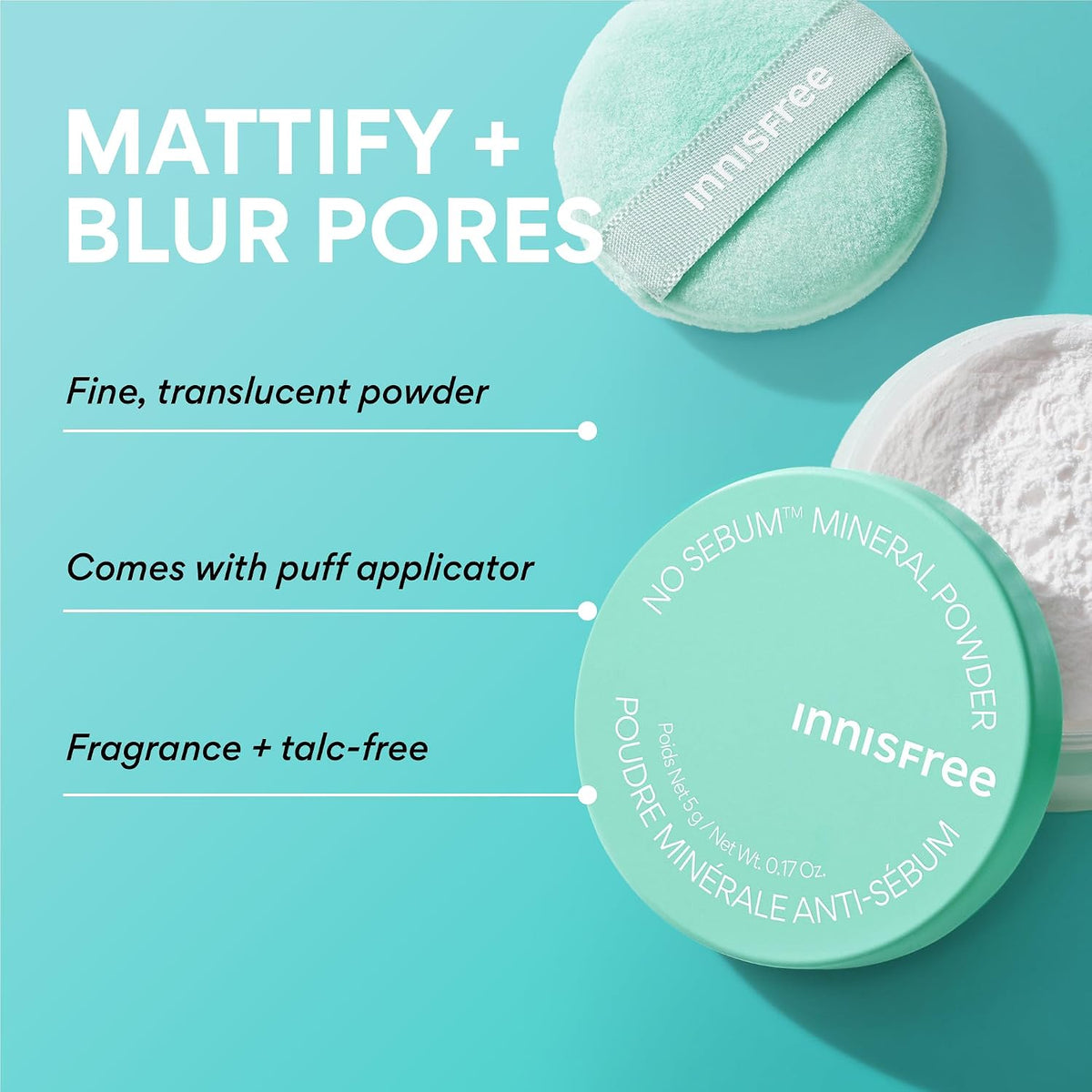innisfree No Sebum Matte Mineral Powder | Korean Loose Setting Powder for Oil & Shine Control | Blurs Fine Lines & Imperfections | Lightweight, Natural Finish | Available In Jumbo & Pressed Powder