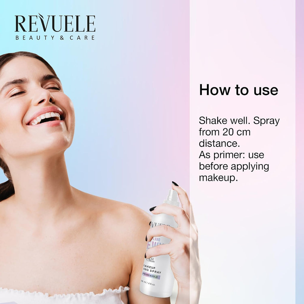 REVUELE Fix and Dewy Makeup Setting Spray – 2-in-1 Prime & Hold Mist with Hyaluronic Acid & Tara Gum, Long-Lasting Hydrating Finish 4 fl.oz