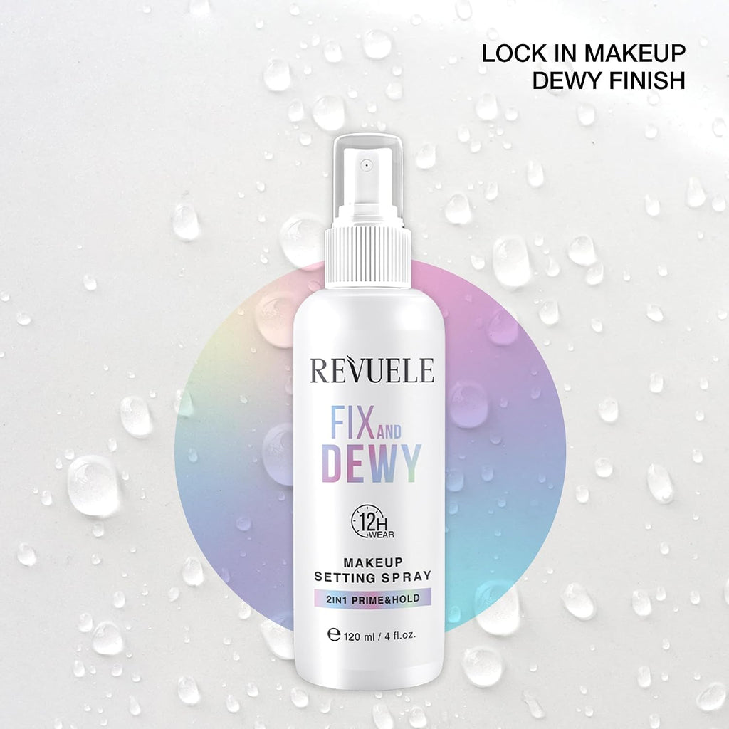 REVUELE Fix and Dewy Makeup Setting Spray – 2-in-1 Prime & Hold Mist with Hyaluronic Acid & Tara Gum, Long-Lasting Hydrating Finish 4 fl.oz