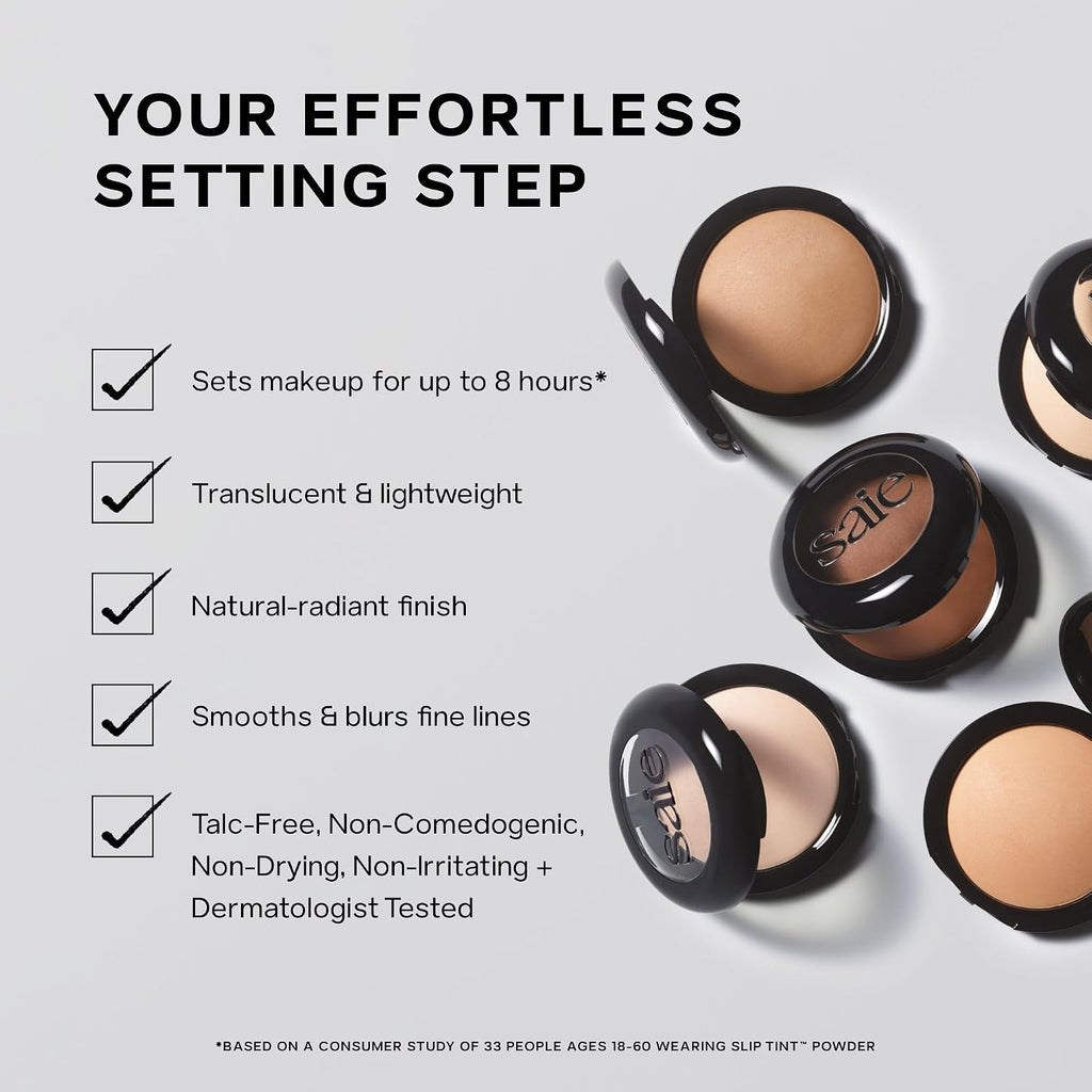 Saie Slip Tint Baked Setting Powder - Translucent Powder for Face Makeup with a Natural-Radiant Finish - Blurs, Brightens & Smooths Complexion - Translucent 2 - Light to Medium (0.24 oz)