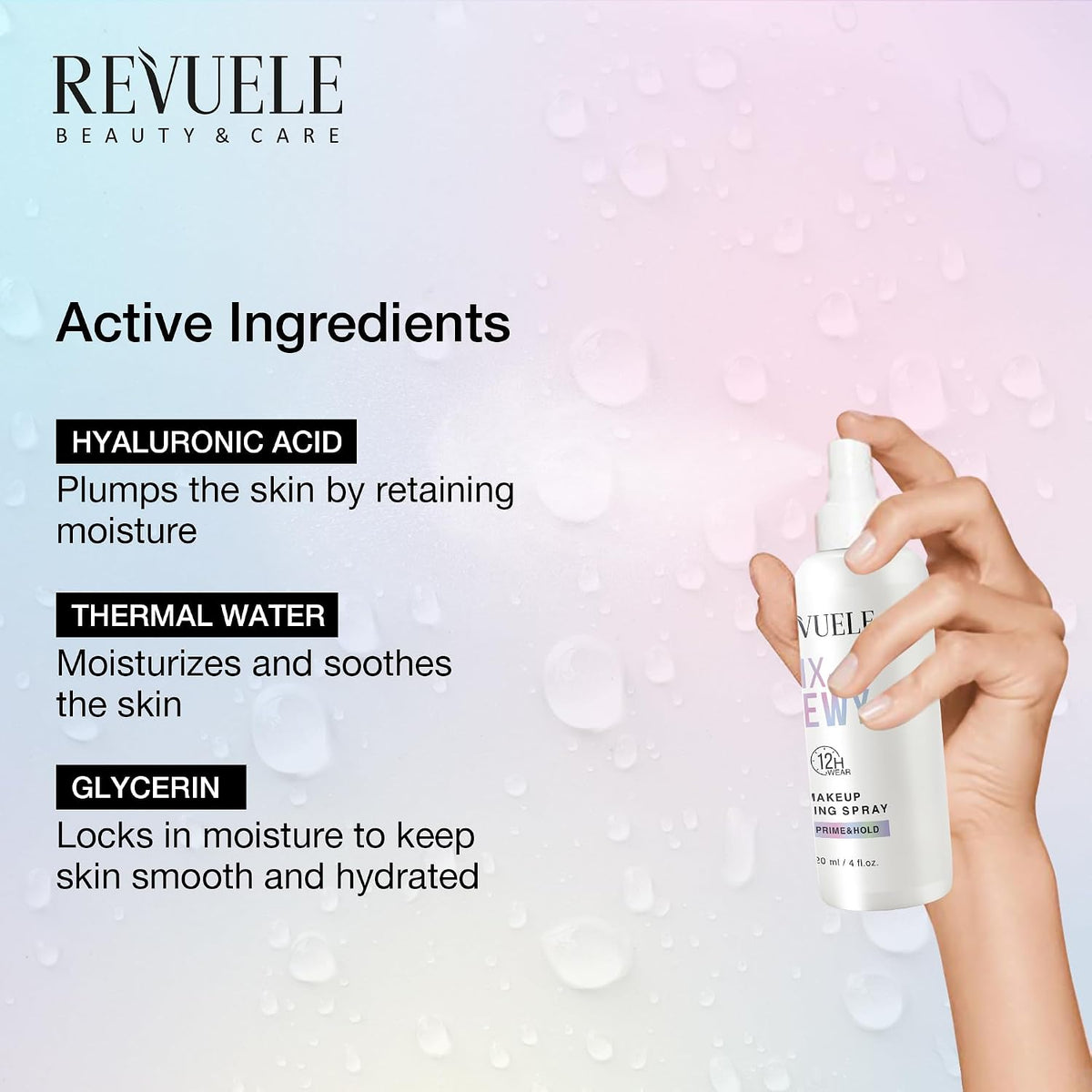 REVUELE Fix and Dewy Makeup Setting Spray – 2-in-1 Prime & Hold Mist with Hyaluronic Acid & Tara Gum, Long-Lasting Hydrating Finish 4 fl.oz