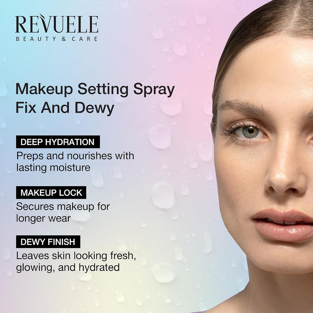 REVUELE Fix and Dewy Makeup Setting Spray – 2-in-1 Prime & Hold Mist with Hyaluronic Acid & Tara Gum, Long-Lasting Hydrating Finish 4 fl.oz