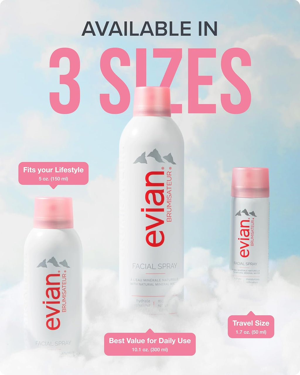 Evian Facial Spray 1.7 oz - Hydrating Mineral Water Mist for Face & Skin - Refreshes Makeup and Tones Skin - TSA-Approved Mini Facial Spray Set for Daily Skincare Hydration