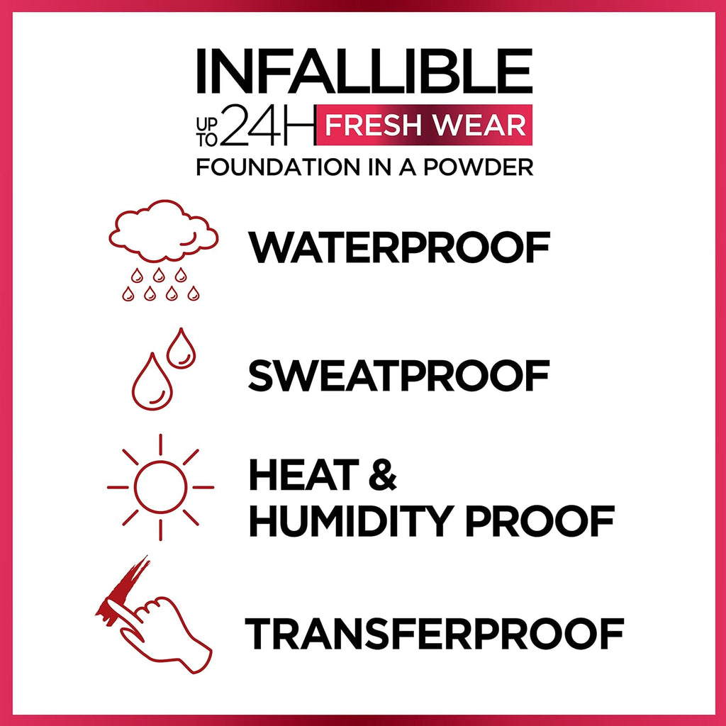 L'Oreal Paris Makeup Infallible Fresh Wear Foundation in a Powder, Up to 24H Wear, Waterproof, Porcelain, 0.31 oz. (Packaging May Vary)