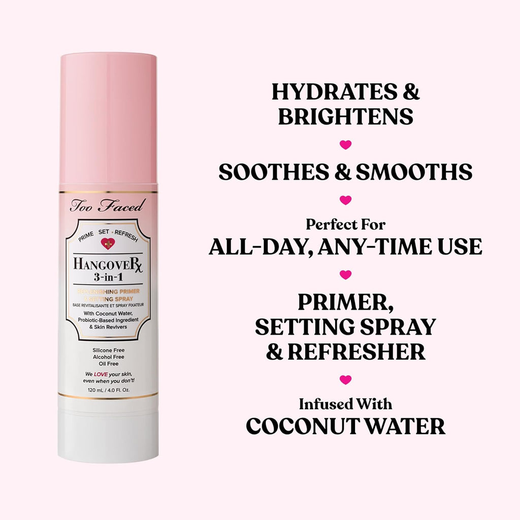 Too Faced Hangover 3-in-1 Primer & Setting Spray | Soothing & Hydrating Setting Spray for Face Makeup | Coconut Water