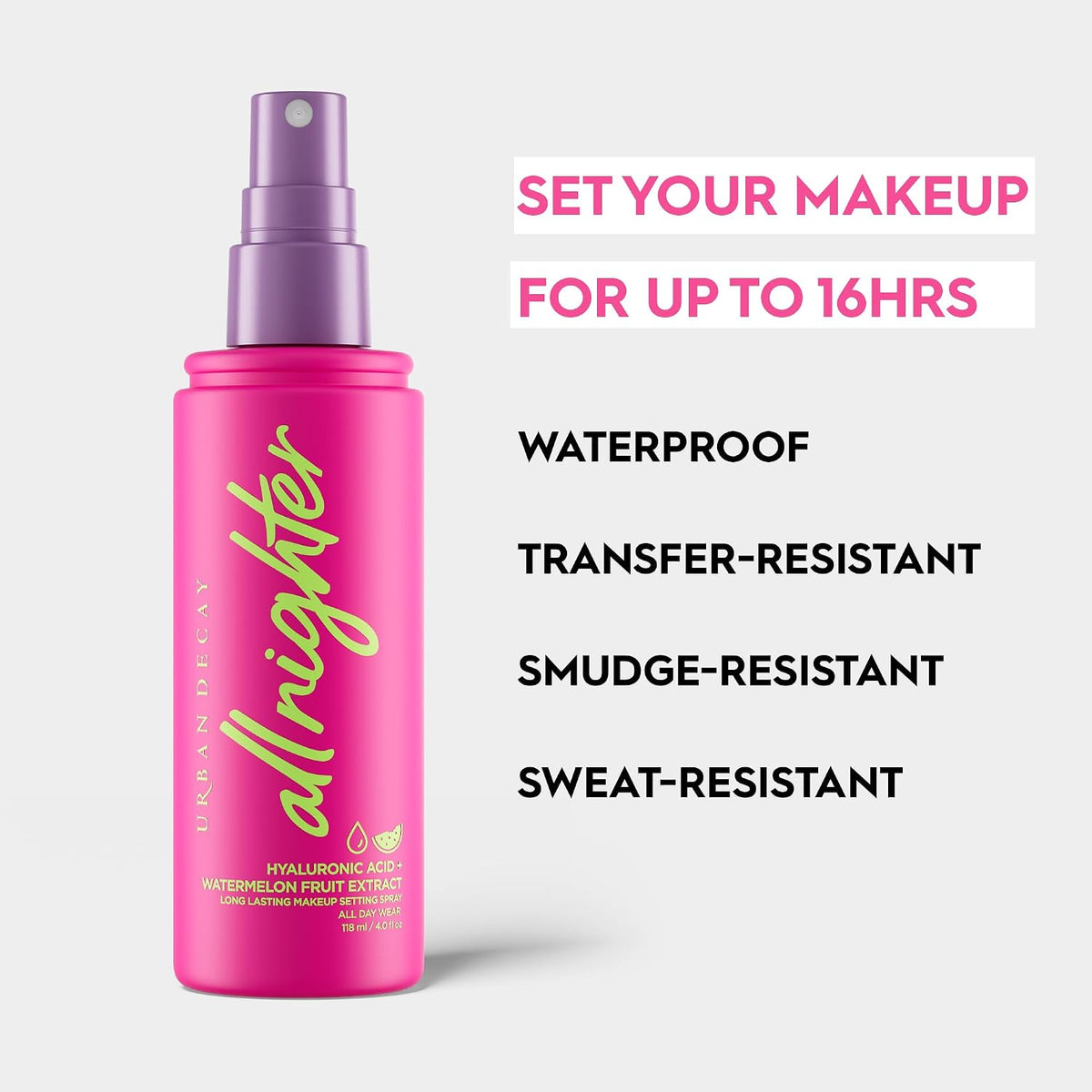 Urban Decay All Nighter Hyaluronic Acid Waterproof Dewy Setting Spray for Face, Hydrated Finish, Long-lasting, Smudge-proof & Transfer-resistant Makeup, Oil-free
