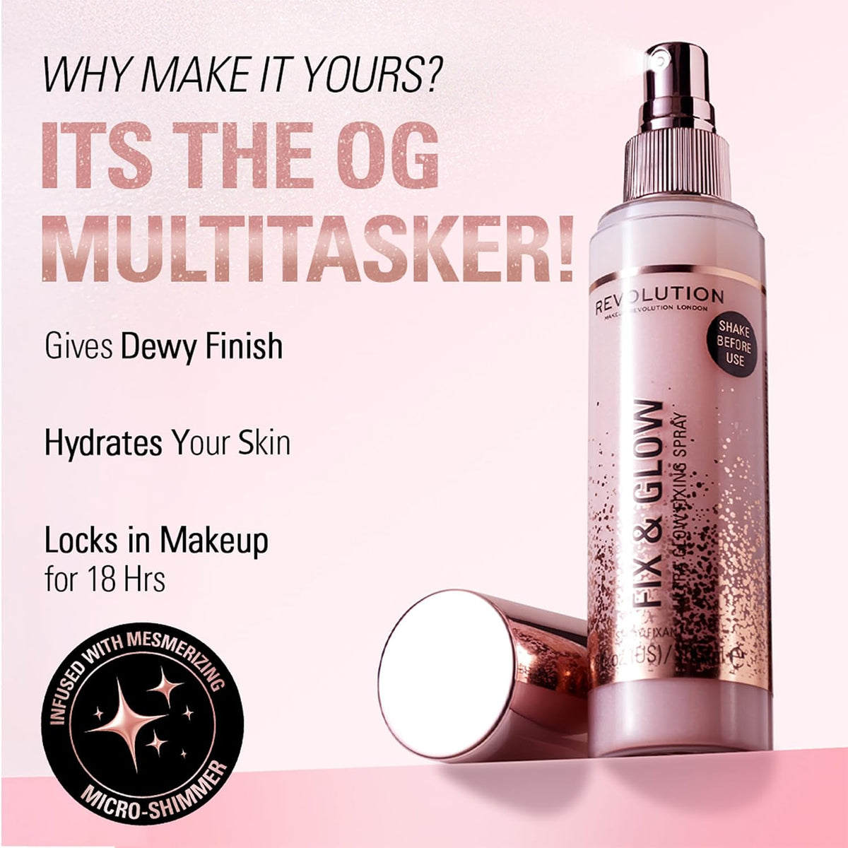 Makeup Revolution Fix & Glow Fixing Spray, Illuminating & Hydrating, Vegan & Cruelty-Free, 3.38 Fl Oz