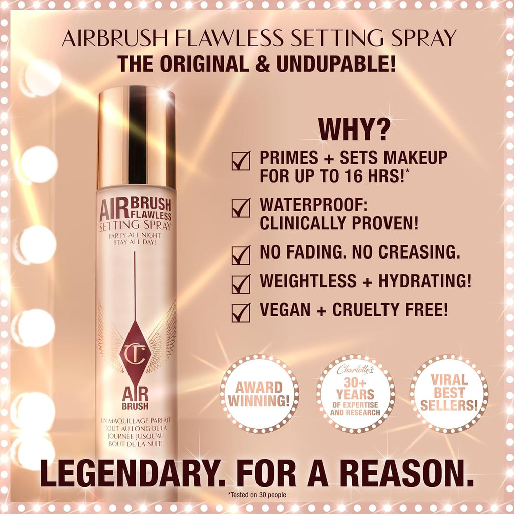 Charlotte Tilbury Airbrush Flawless Setting Spray - Ultra-Fine Hydrating Mist to Prime & Set Makeup Up to 16Hr – Soothes and Blurs Skin, Waterproof, Wedding Makeup