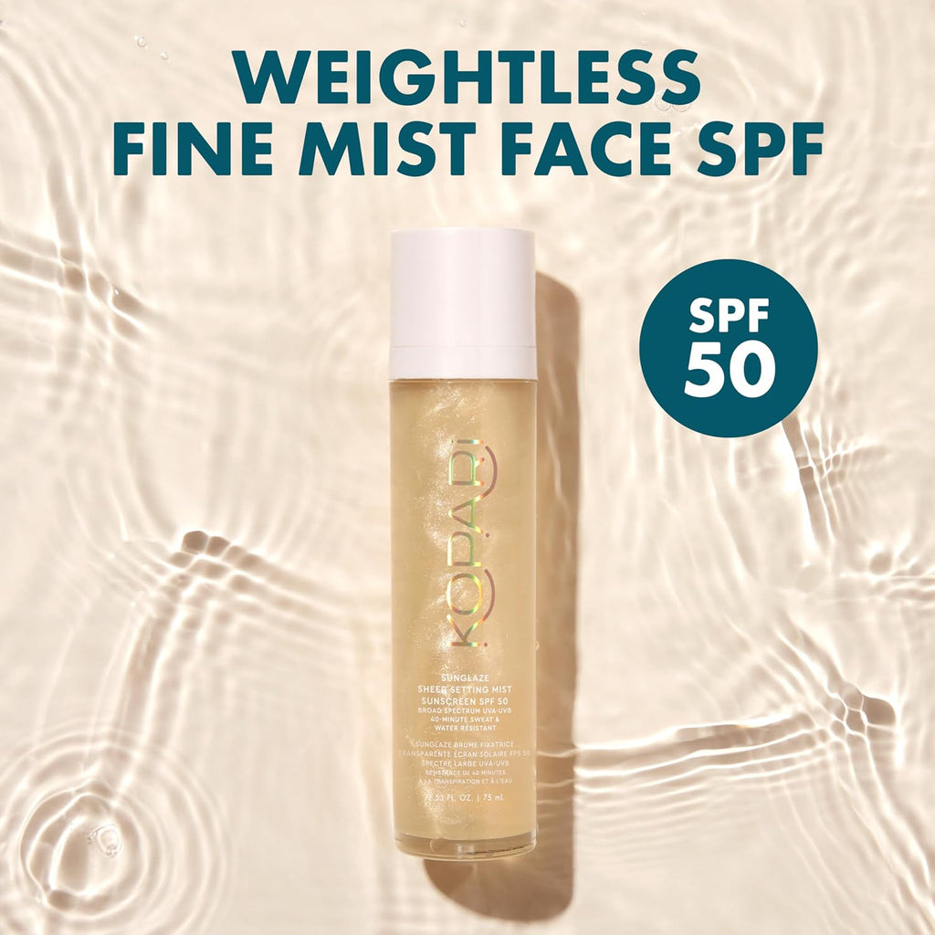 Kopari Sunglaze Sheer Setting Mist Sunscreen SPF 50, Weightless, Fast Drying, Ultra-Fine Setting Spray, Made With Hyaluronic Acid, Sets Makeup For A Hydrated, Dewy Finish, 2.53 fl oz