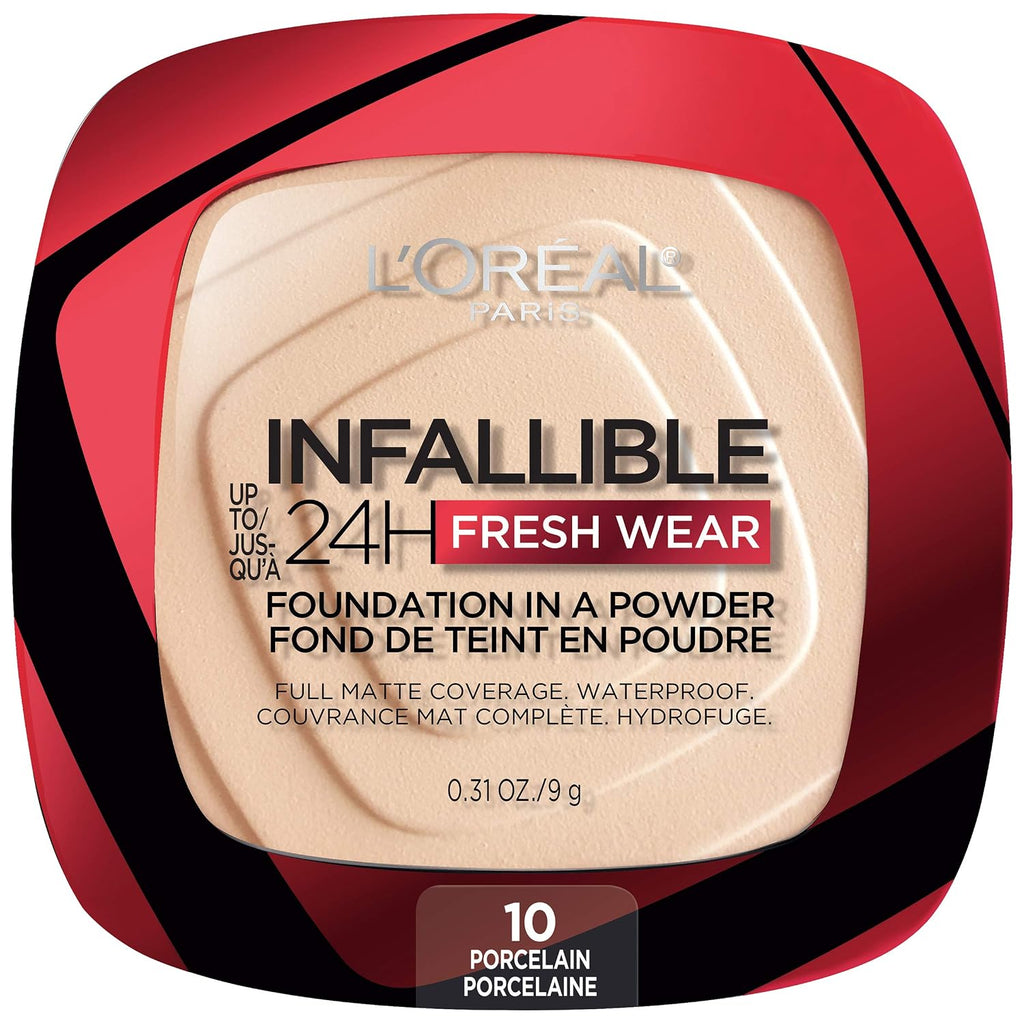 L'Oreal Paris Makeup Infallible Fresh Wear Foundation in a Powder, Up to 24H Wear, Waterproof, Porcelain, 0.31 oz. (Packaging May Vary)