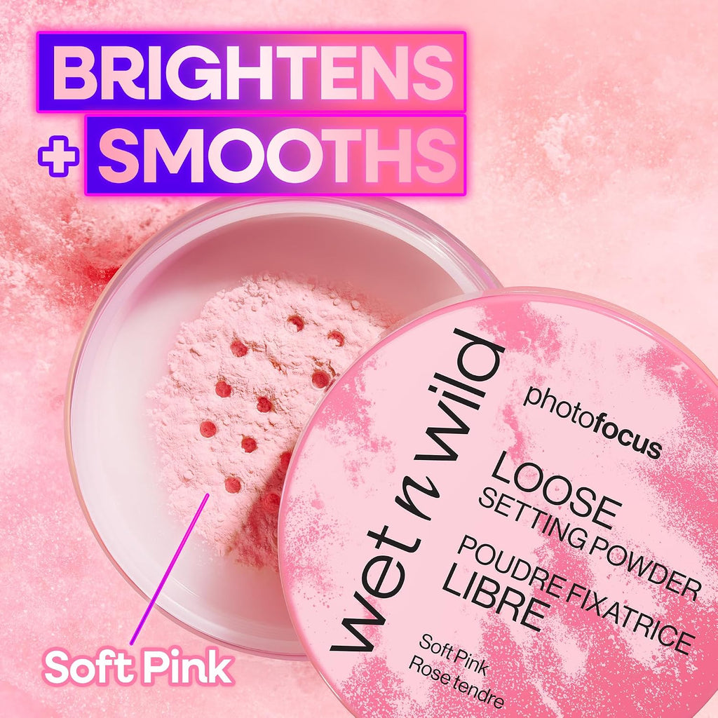 wet n wild Photo Focus Loose Setting Powder, Lightweight Silky Formula, Radiant Tint for a Luminous Glow, Blurring & Oil-Control Finish, Long-Lasting Makeup Setting Powder, Cruelty-Free - Soft Pink