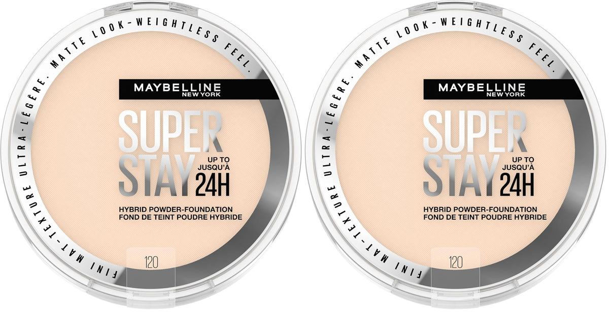 Maybelline Super Stay Up to 24HR Hybrid Powder-Foundation, Medium-to-Full Coverage Makeup, Matte Finish, 120, 1 Count