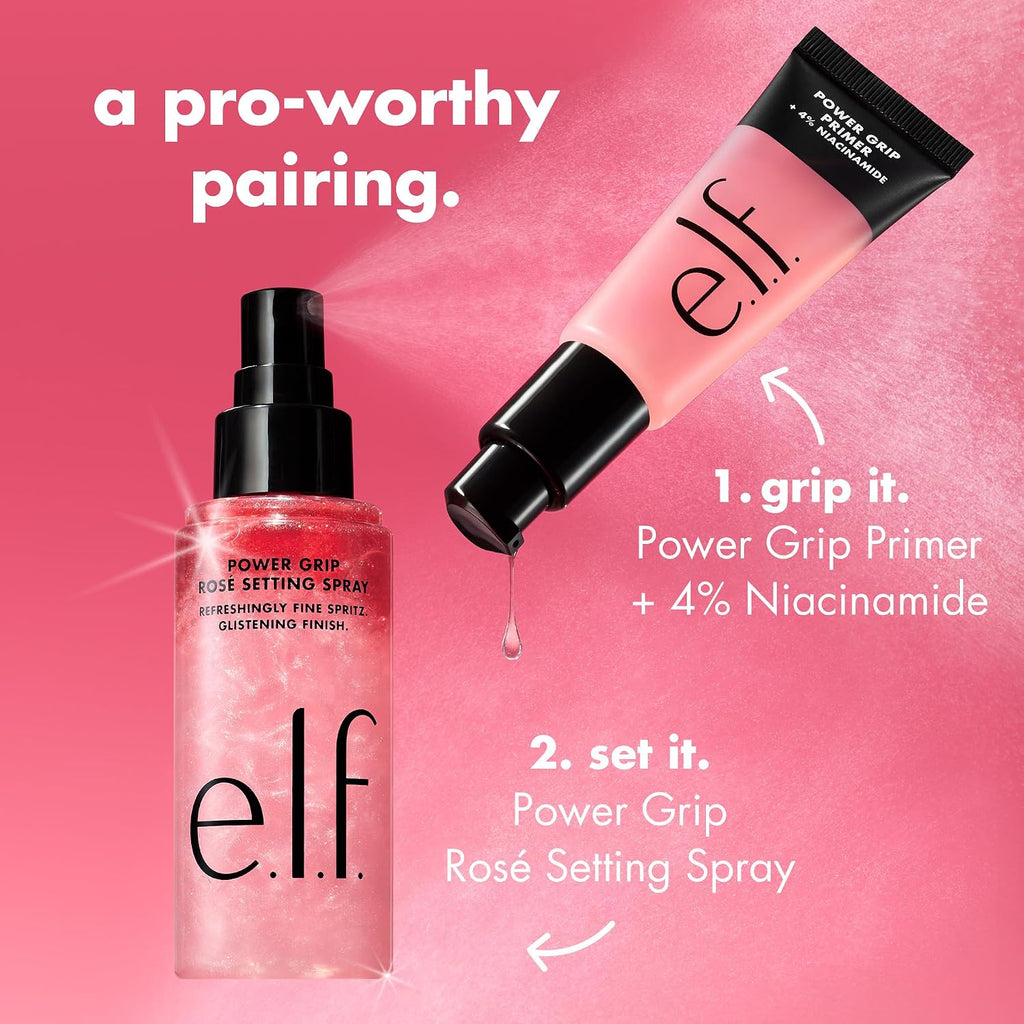 e.l.f. Power Grip Rosé Setting Spray, Bright & Glassy Finish, Pearl Powder