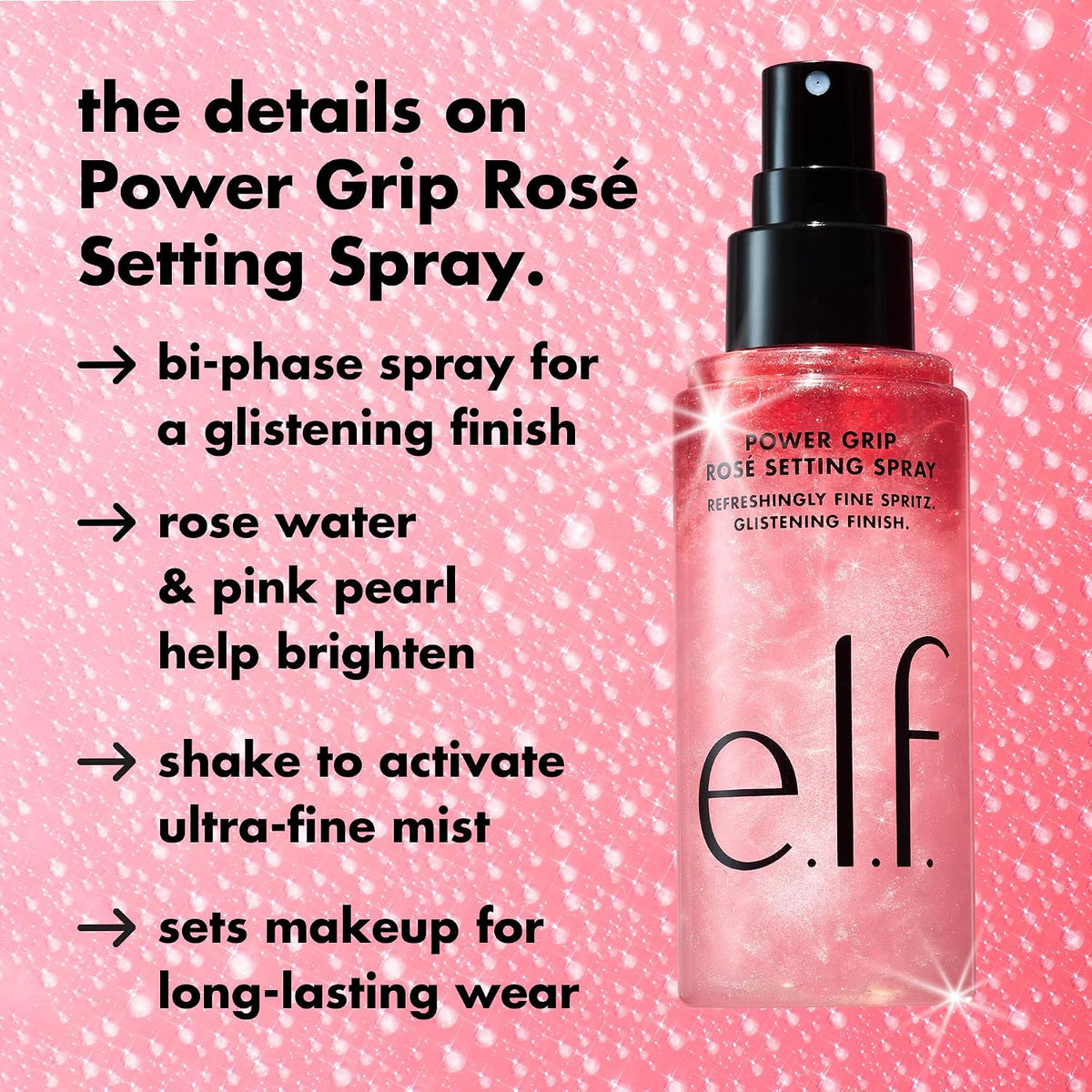 e.l.f. Power Grip Rosé Setting Spray, Bright & Glassy Finish, Pearl Powder